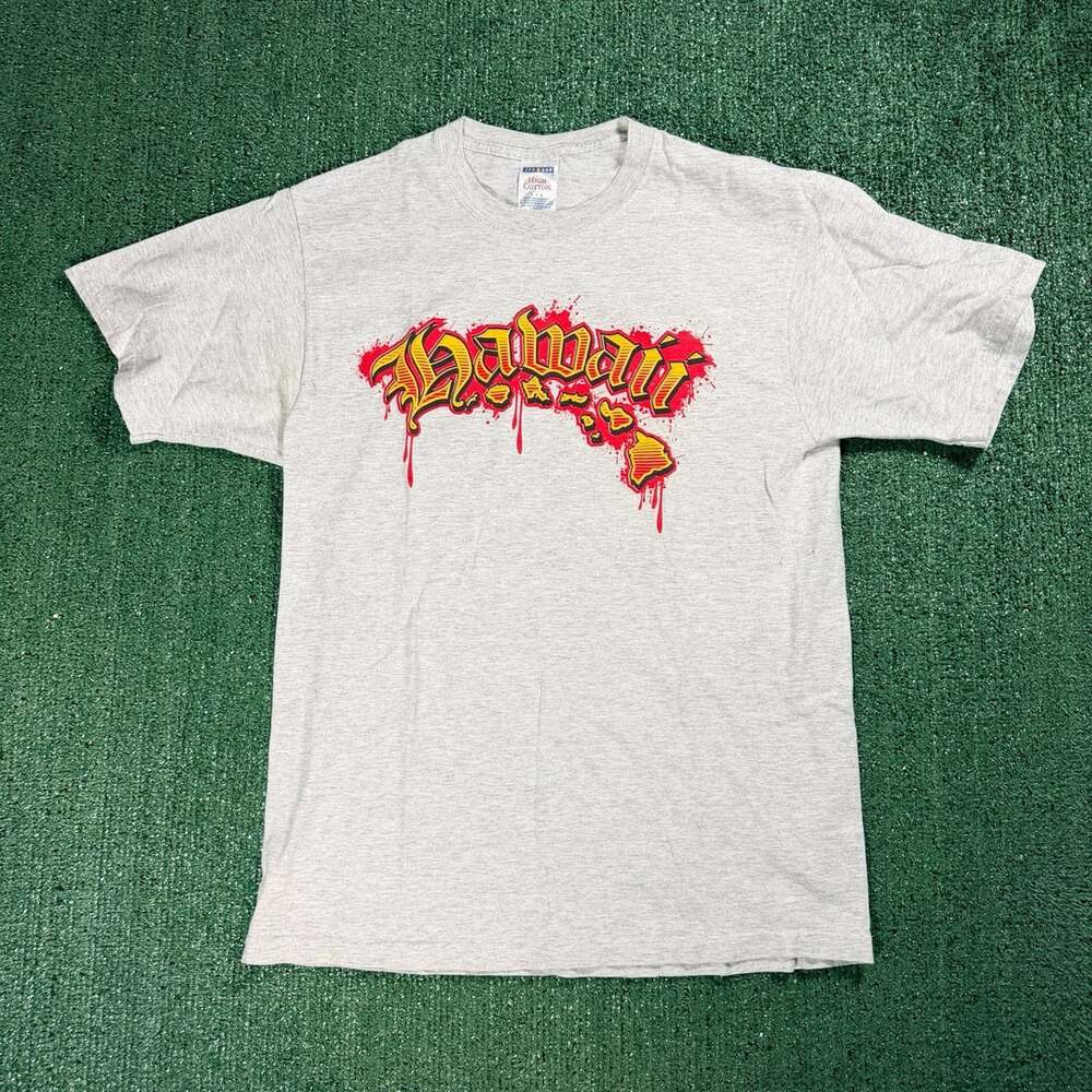 Y2K Jerzees Hawaii Graffiti Print T-Shirt Size Large Gray Surf
